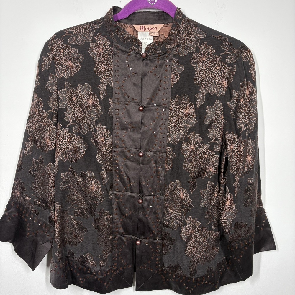 VTG Monsoon Womens Embellished Oriental Top Size 10 Brown Y2K Floral Silk Blend